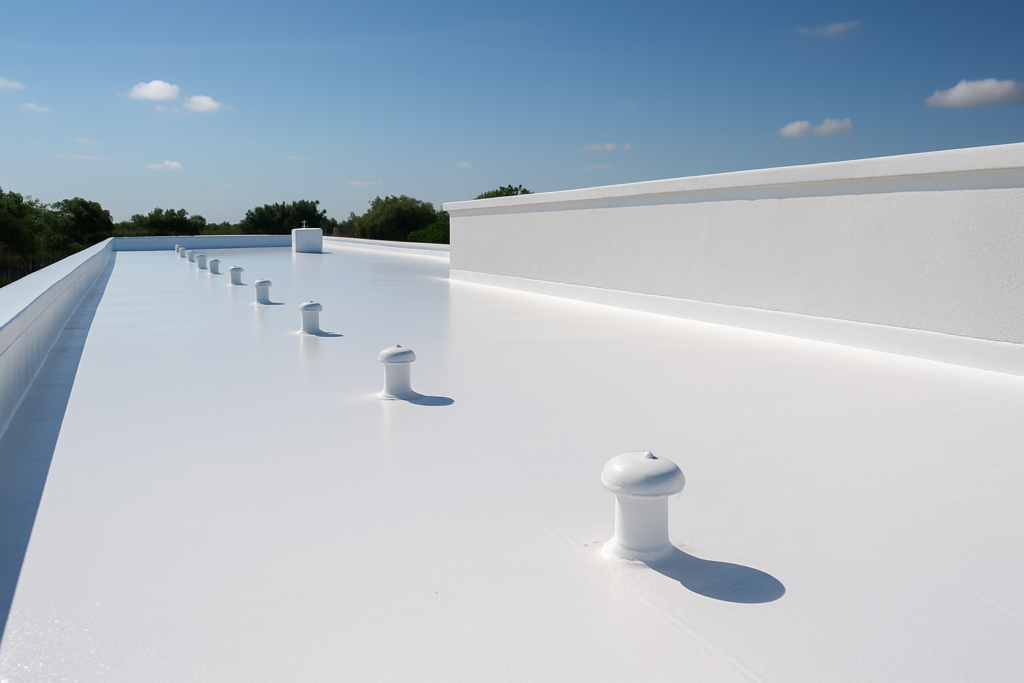 Flat roof coated with reflective roof coating to reduce heat and improve energy efficiency by A-First Choice Roofing